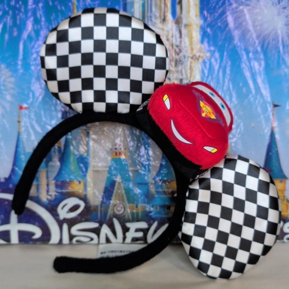 Disney Parks Pixar Cars Lightning McQueen racecar plush checkered flag ears